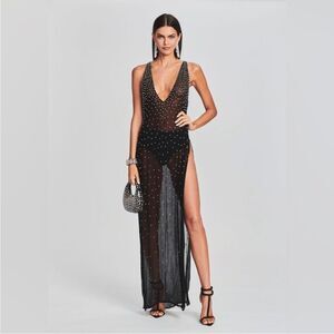 RETROFETE CARMELLA EMBELLISHED REVERSIBLE CHIFFON MAXI DRESS BLACK/SILVER NWT